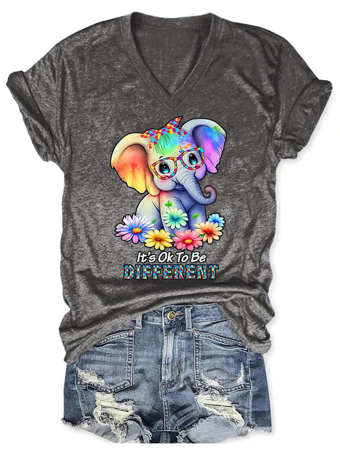 V-neck Autism Awareness Elephant  It's Ok To Be Different Print T-Shirt