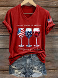 Women's retro flag cross print V-neck short sleeved T-shirt