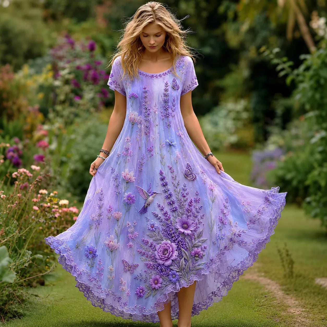 Women's Retro Hummingbird And Floral Tie Dye Print Comfortable Dress