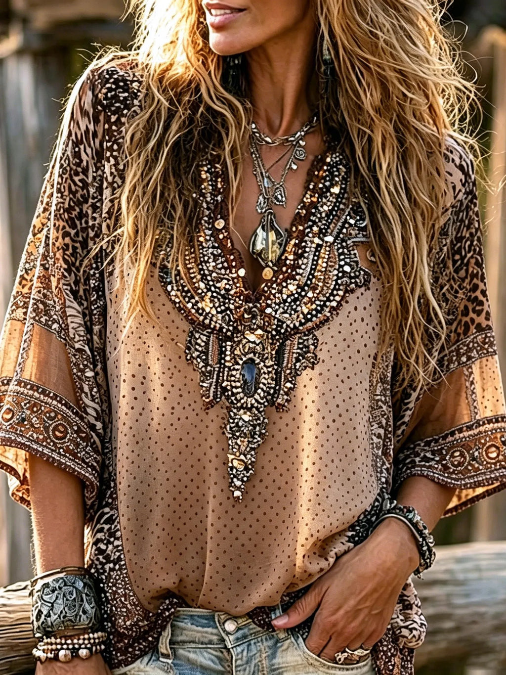 Women's Retro Hippie Western Style Leopard Print Cotton Linen Top