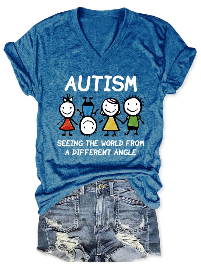 V-neck Autism Awareness Autism Seeing The World From A Different Angle Print T-Shirt