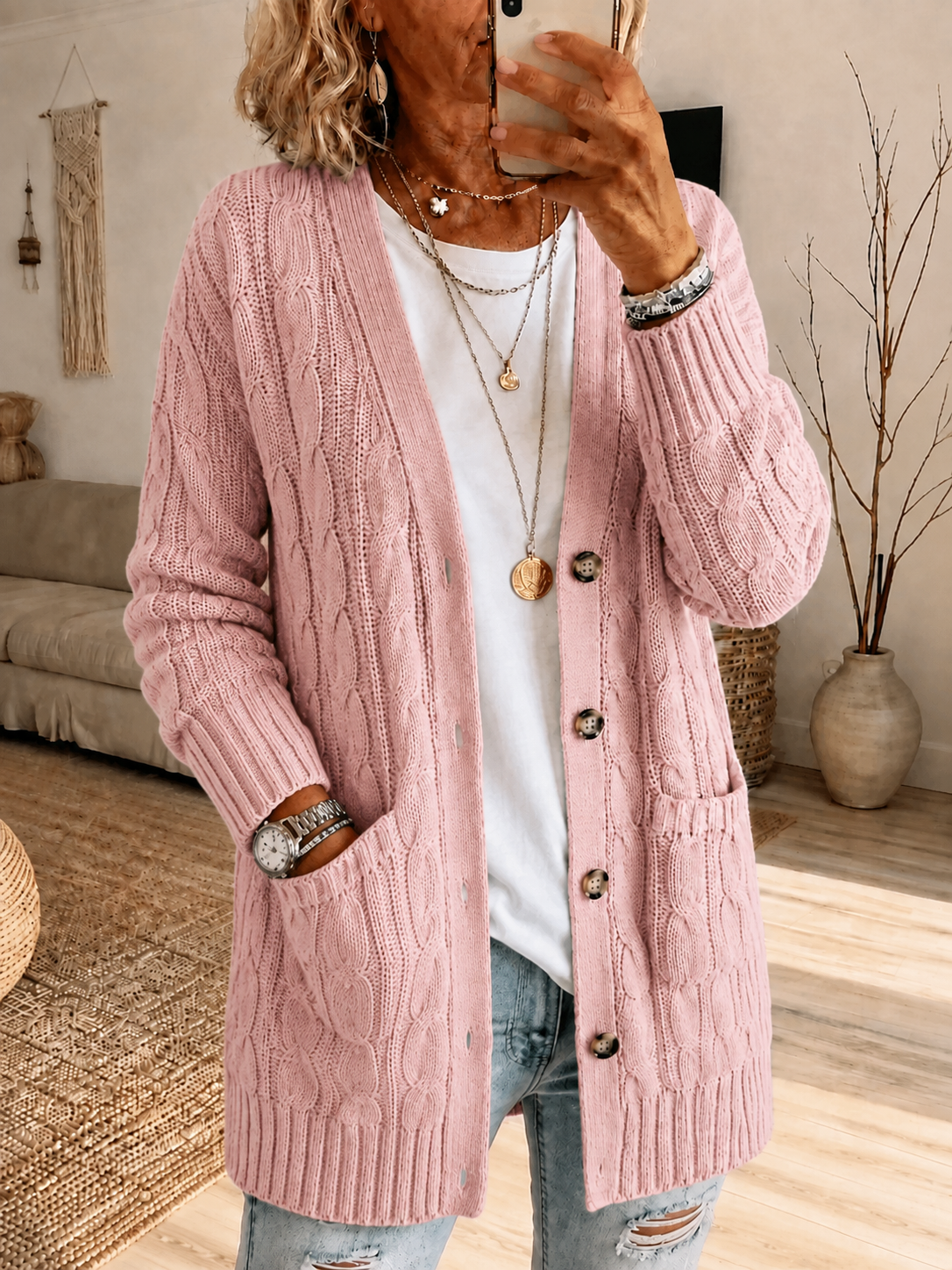Women'S Pink Multi-Color Casual Cardigan Knitted Sweater Mid Length Top