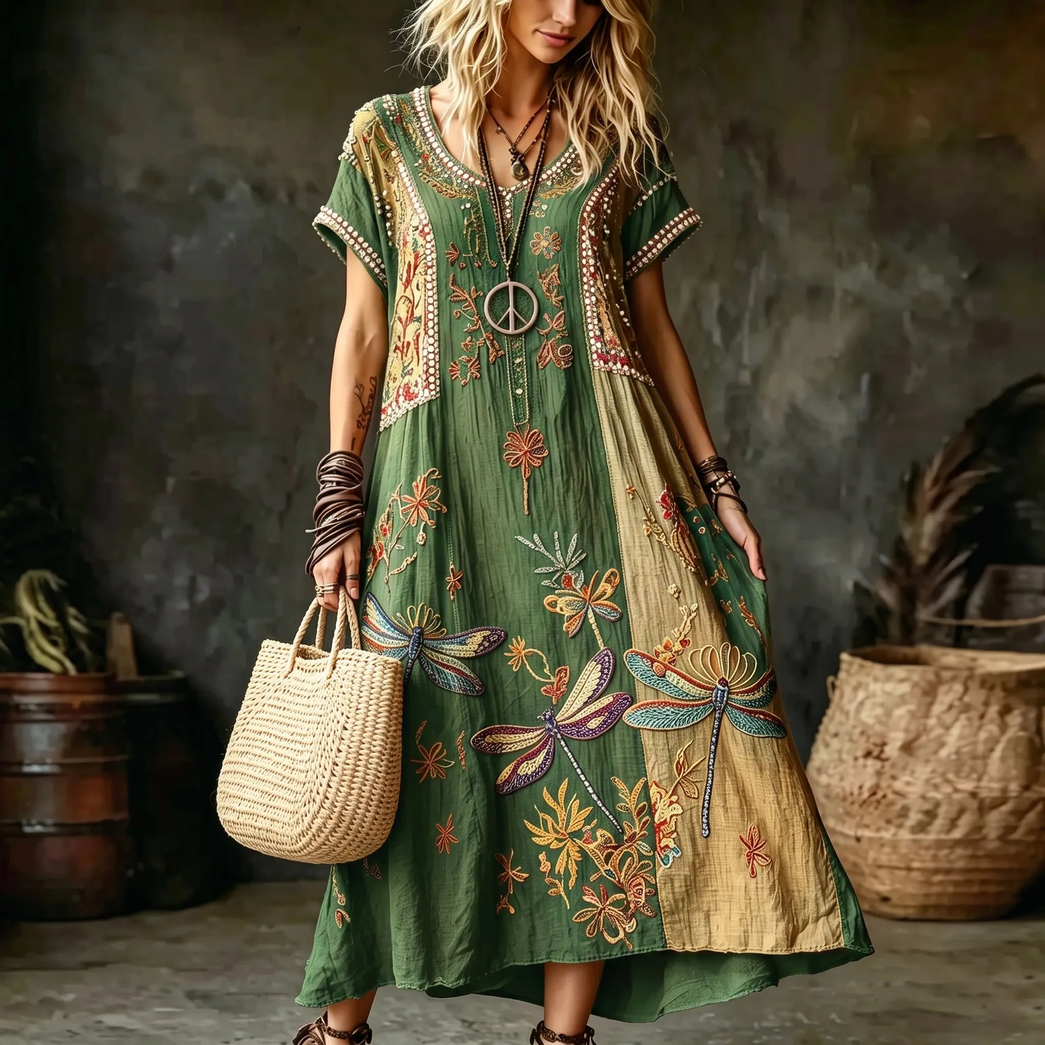 Women's Vintage Hippie Floral And Dragonfly In Patchwork Pattern Art Embroidered Linen Blend Maxi Dress
