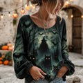 Women's Halloween Wizard Black Cat Art  Print Long Sleeve T-shirt