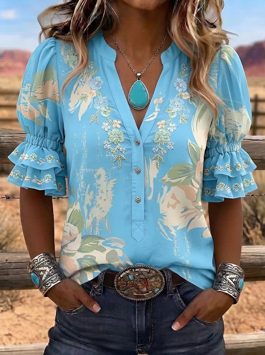 Women's Western Vintage Floral Embroidered Printed Blouse
