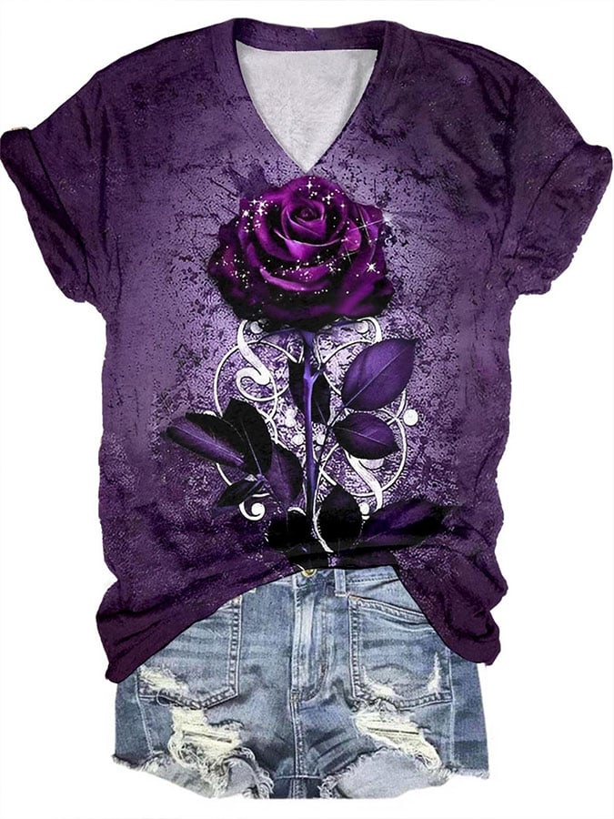 Women's Alzheimer's Purple Rose Print V-Neck T-Shirt
