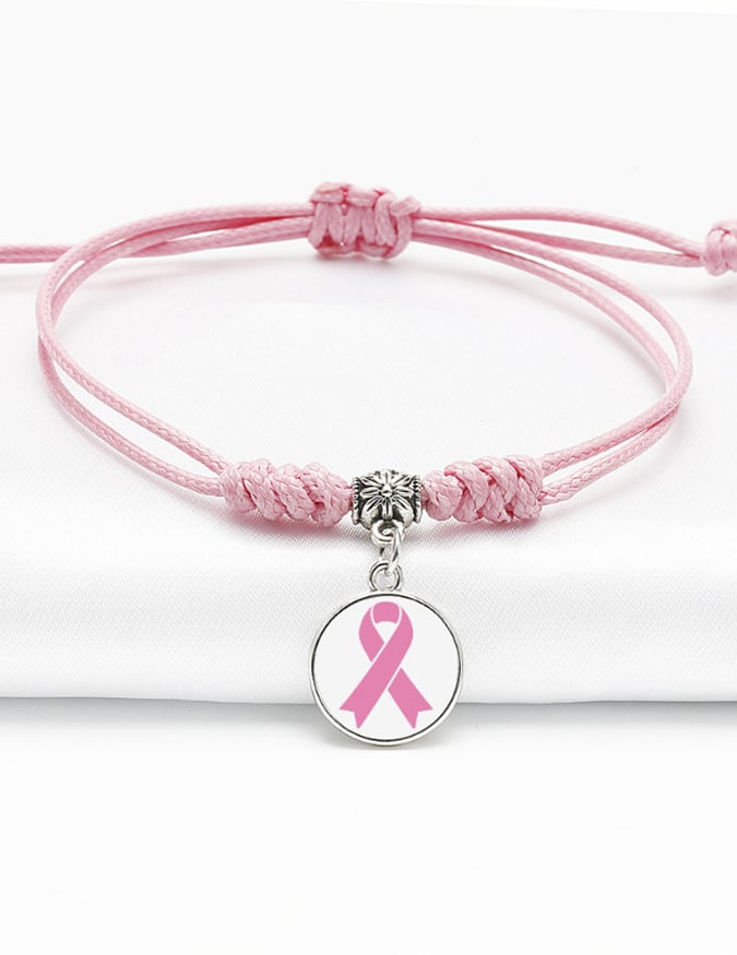 Pink Ribbon Breast Cancer Awareness Warrior Adjustable Braided Bracelet