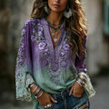 Women's Vintage Boho Floral Gradient Art Print Flowy Linen Blend Casual Shirts