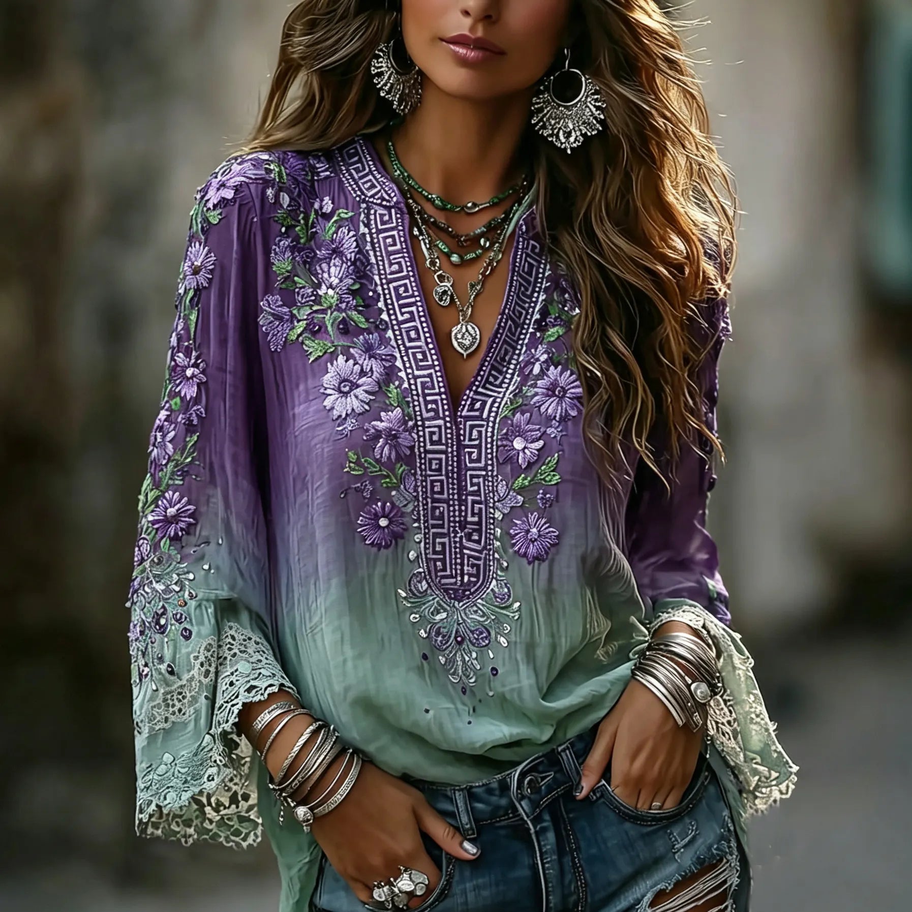 Women's Vintage Boho Floral Gradient Art Print Flowy Linen Blend Casual Shirts