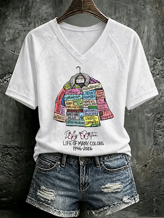 V Neck Retro Coat Of Many Colors Print T-Shirt