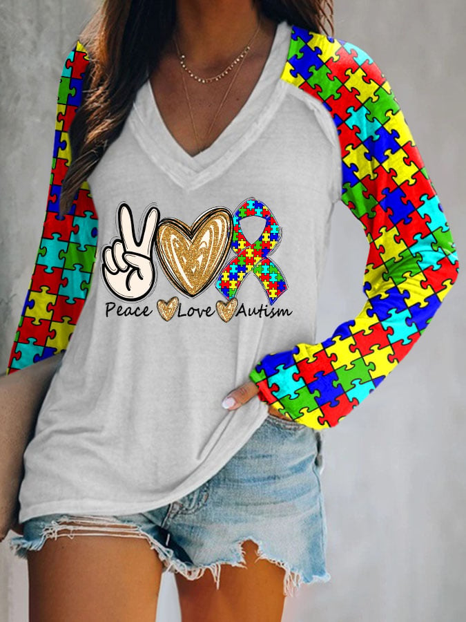 Women's Peace love Autism Printed V Neck Long Sleeve T-Shirt