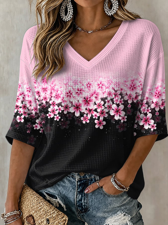 V-Neck Breast Cancer Print T-Shirt