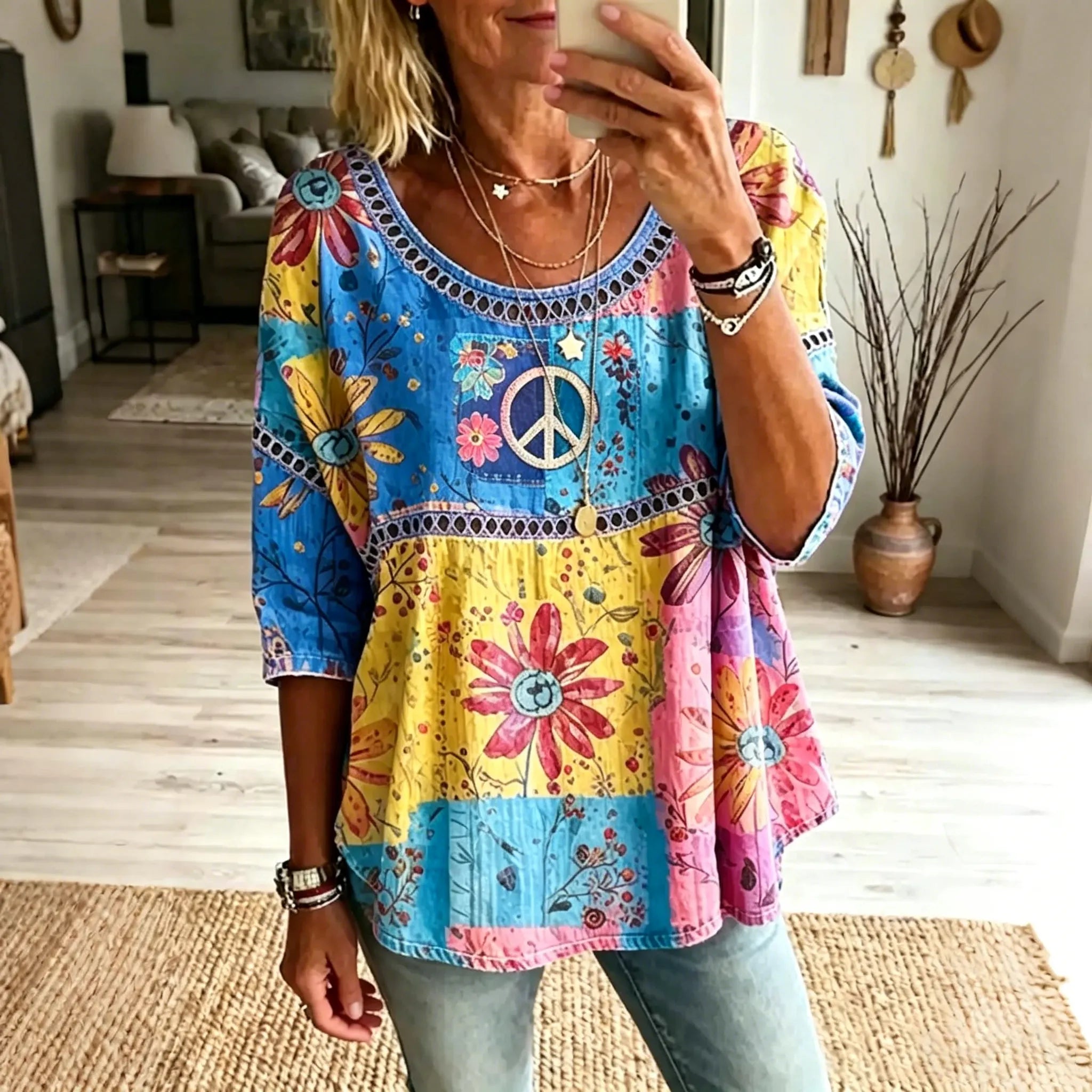 Women's Floral Patchwork Hippie Design Cotton Linen T-shirt
