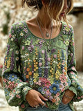Vintage Floral And Artistic Comfortable Cotton And Linen Crew Neck Long-sleeved Top