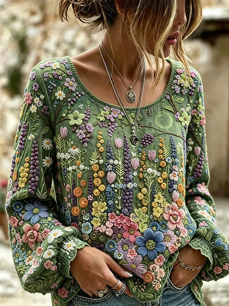 Vintage Floral And Artistic Comfortable Cotton And Linen Crew Neck Long-sleeved Top