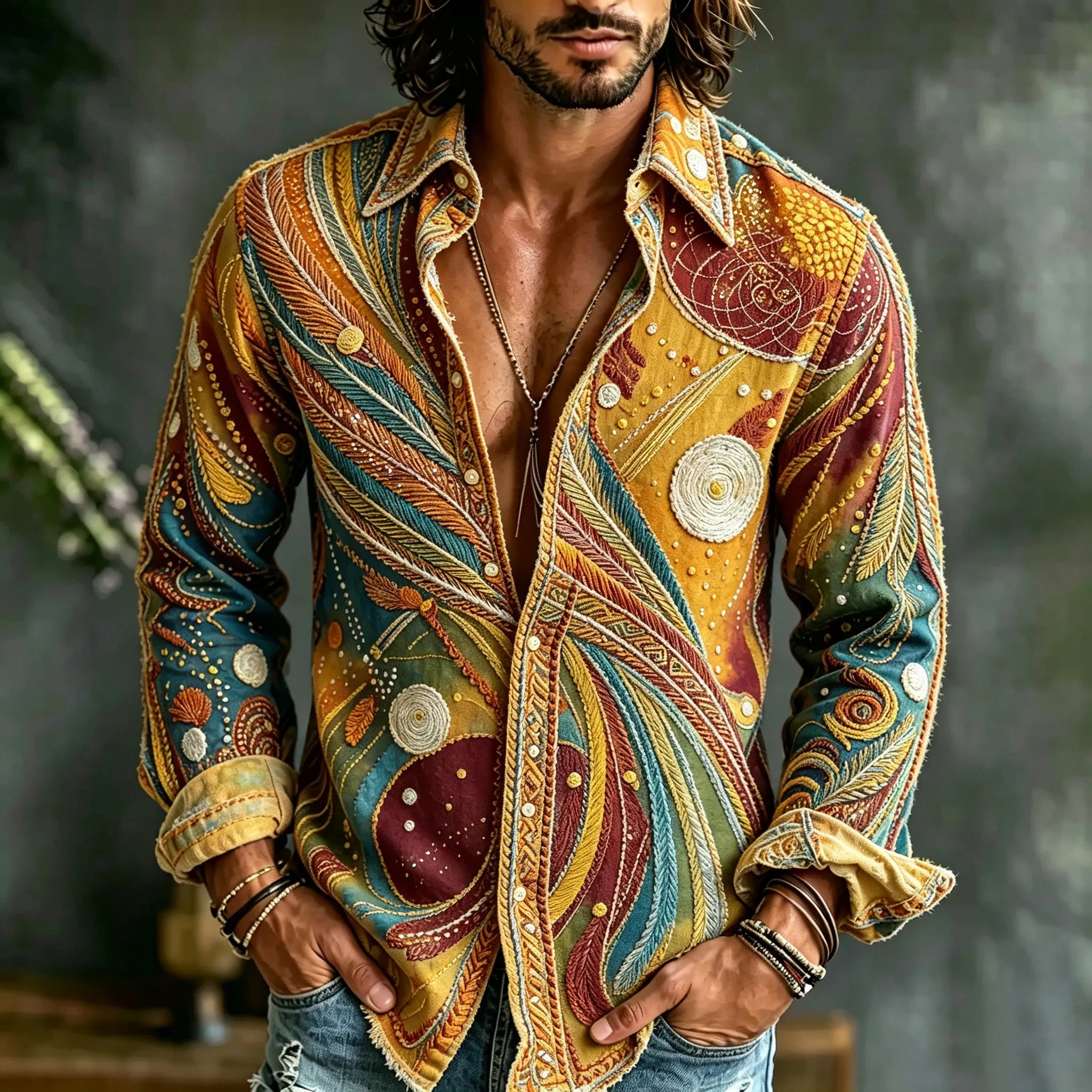 Men's Retro Hippie Style Feather Embroidered Linen Blend Casual Long-sleeved Shirt