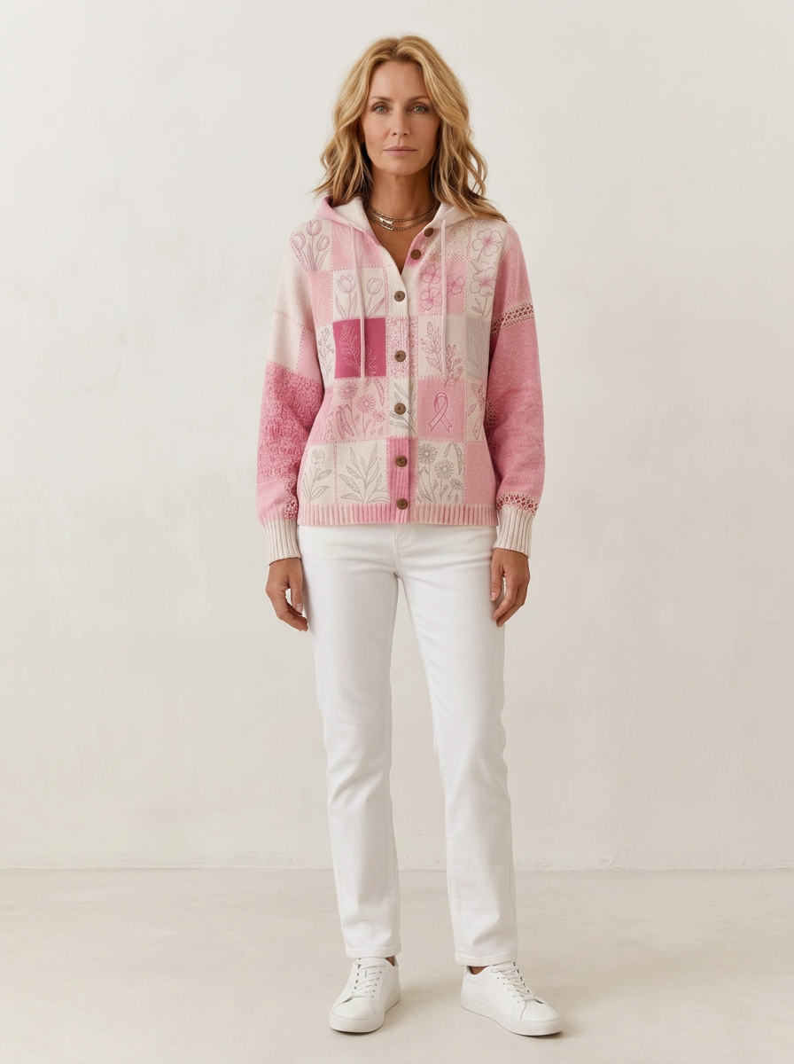Women's Breast Cancer Awareness Pink Floral Patchwork Printed Cardigan