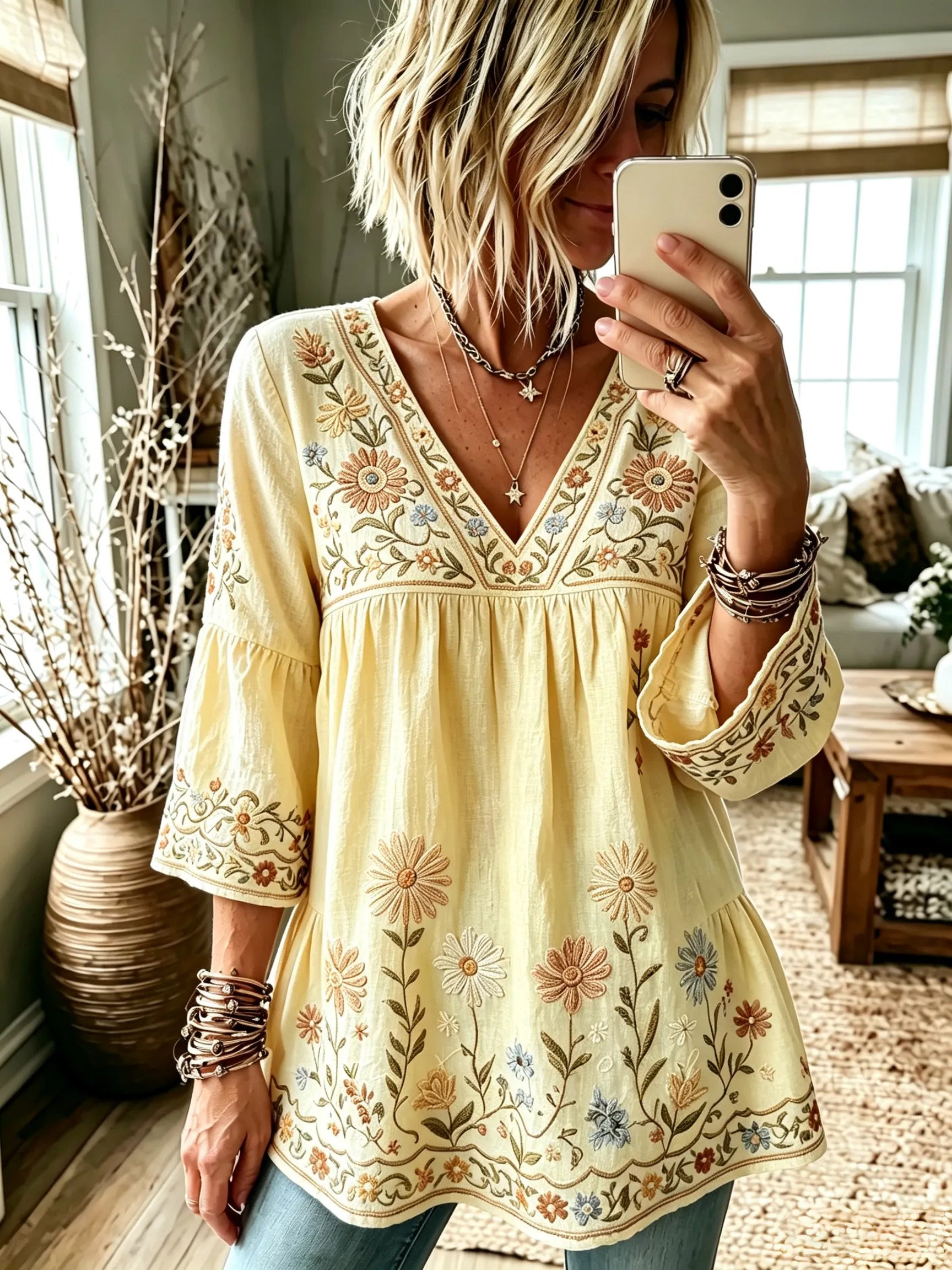 Women's Retro Hippie Floral And Dragonfly Art Flowy Linen Blend Three Quarter Sleeves T-shirt