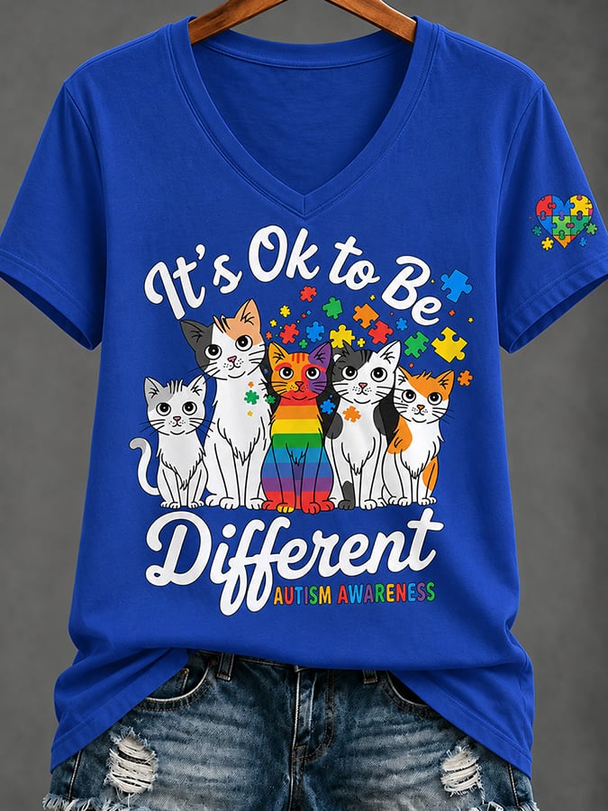 Women'S Casual V-Neck Top With Autism Awareness Print