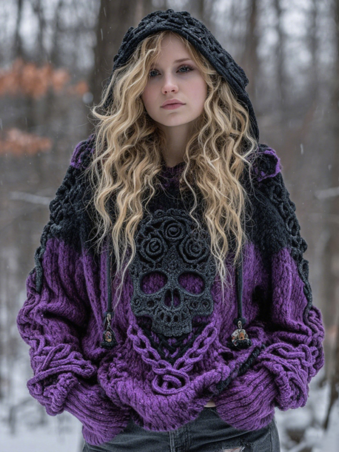 Women's Vintage Viking Tribal Celtic Skull Gradient Art Chunky Knit Hooded Sweater