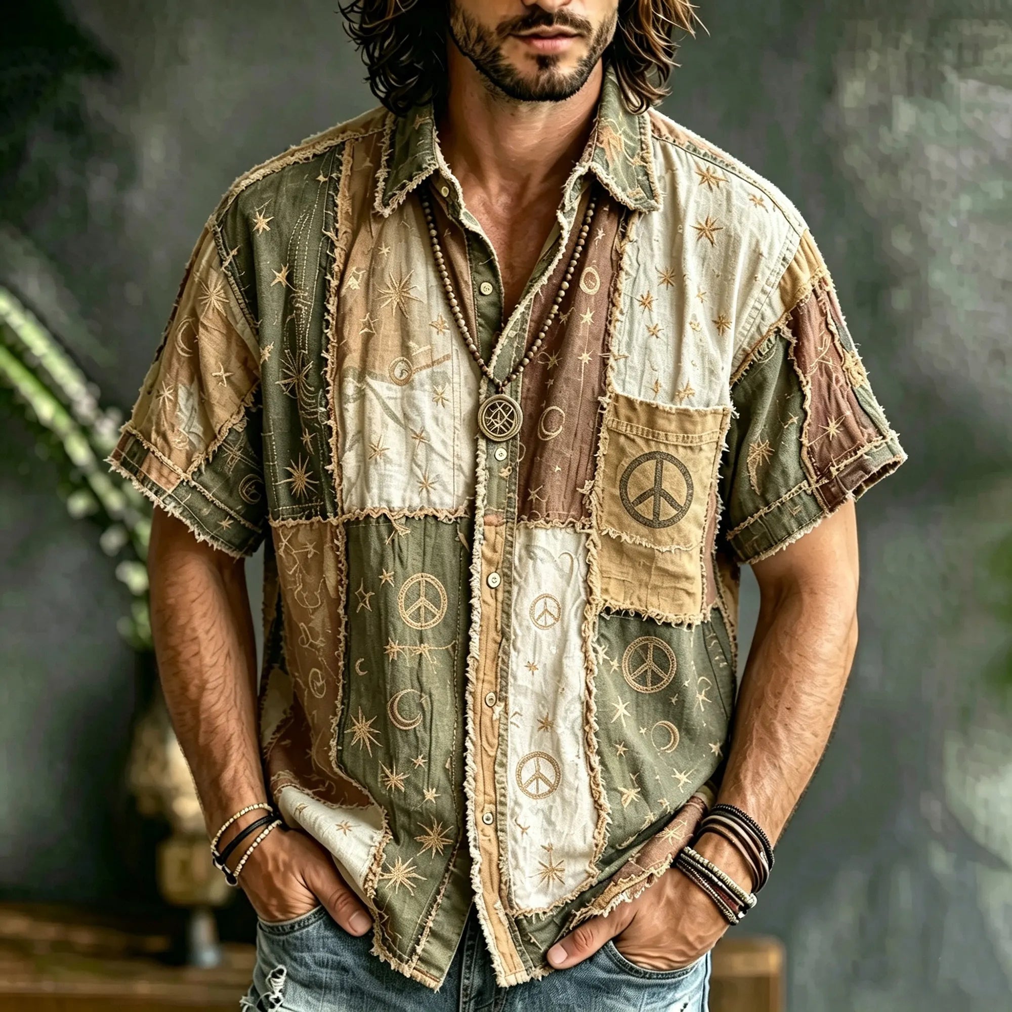 Men's Vintage Hippie Multicolor Patchwork Linen Blend Short Sleeve Shirt