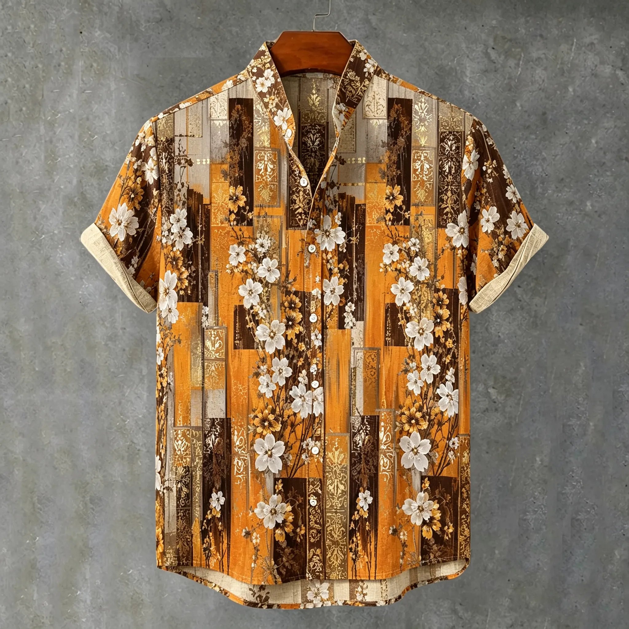 Men's Retro Vacation Color Block Floral Print Short-sleeve Cotton Linen Shirt