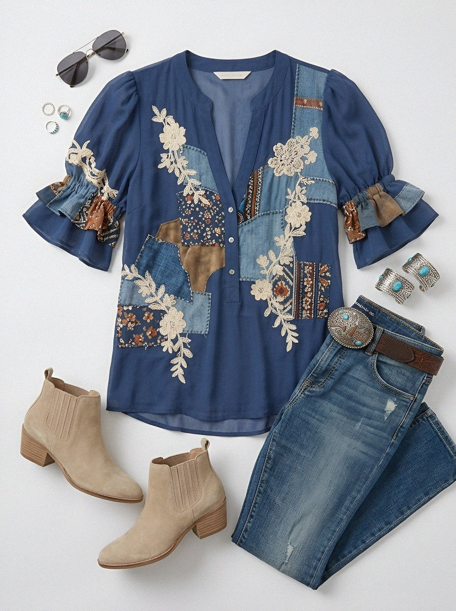 Women's Western Vintage Floral Patchwork Printed Top