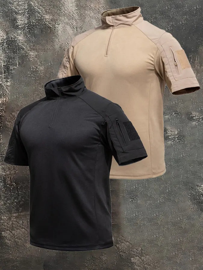 Men's Breathable Military-Style Short-Sleeve Shirt with Stand Collar and Zipper