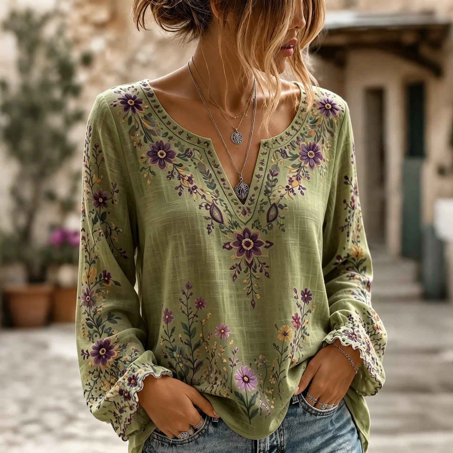 Women's Retro Boho Floral Art Cotton Linen V Neck T-shirt