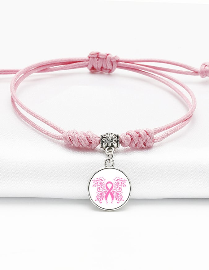 Pink Ribbon Breast Cancer Awareness Warrior Adjustable Braided Bracelet
