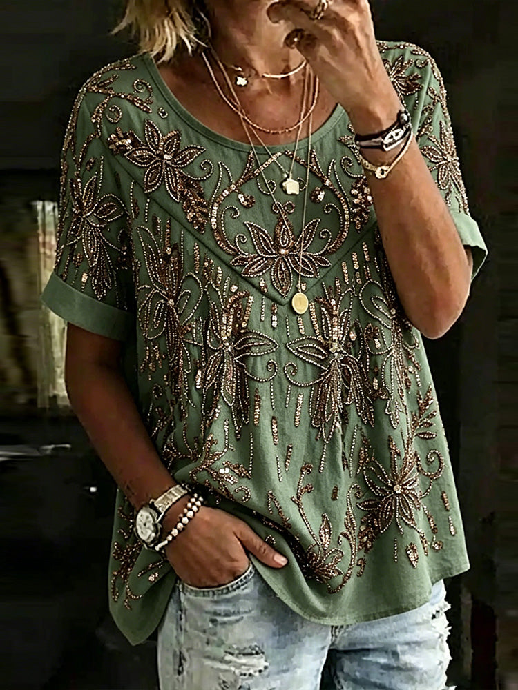 Women's Vintage Floral Art Casual Cotton And Linen Short-sleeved Top