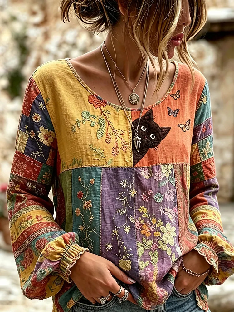 Women's Vintage  Cute Cat In Patchwork Art Embroidered Linen Blend Round Neck Long Sleeve Tops