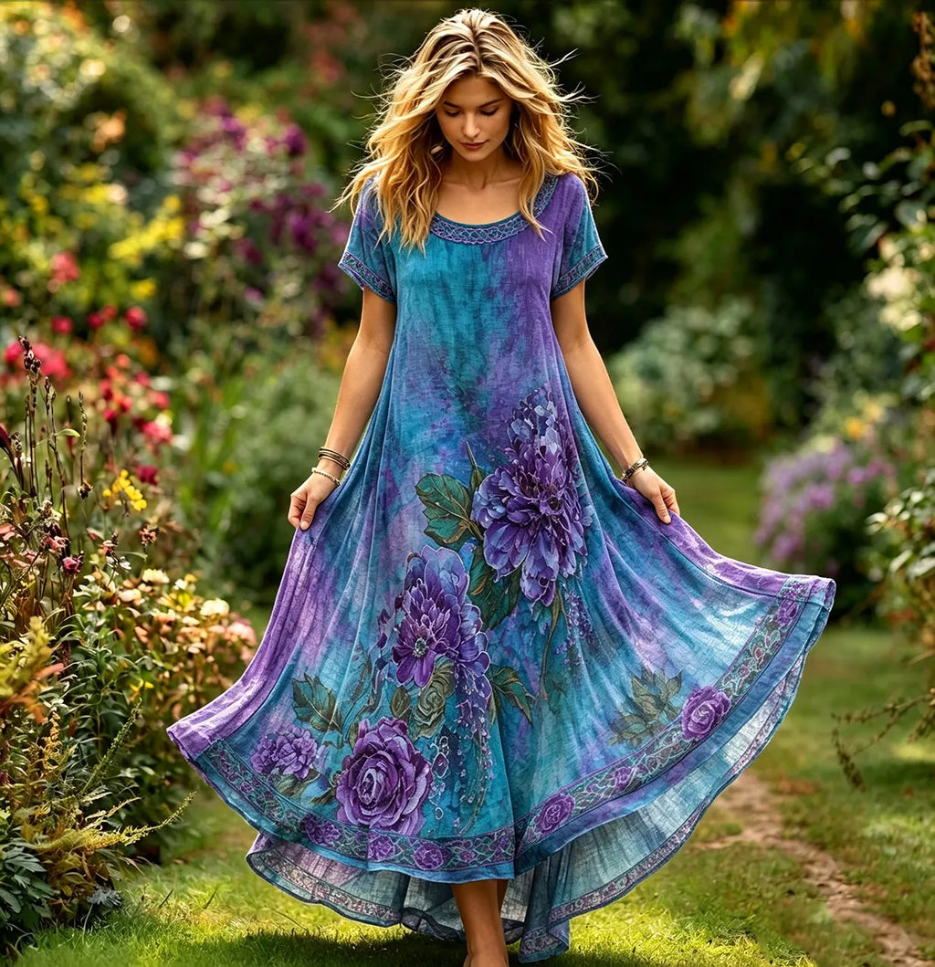 Women's Vintage Celtic Knot And Purple Floral Pattern Casual Round Neck Dress