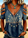 Women's Western Independence Day Eagle Stars Printed Cold Shoulder T-shirt