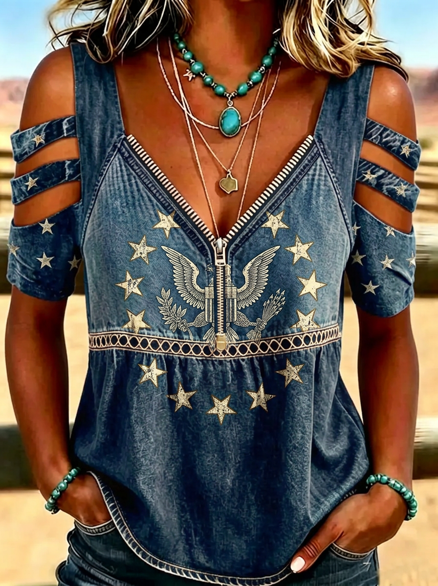 Women's Western Independence Day Eagle Stars Printed Cold Shoulder T-shirt