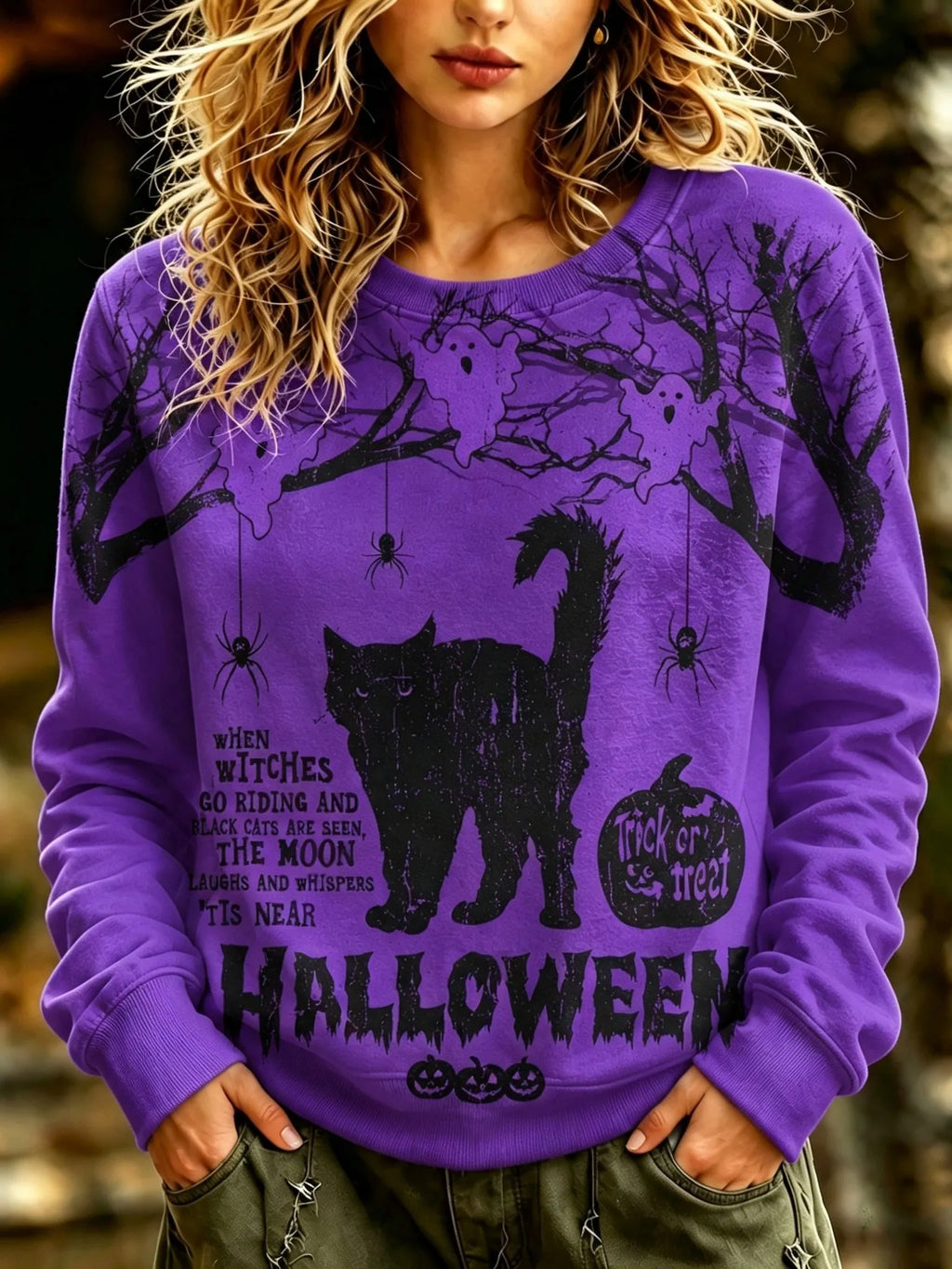 Women's Retro Halloween Style Cat, Spider, And Ghost Printed Sweatshirt