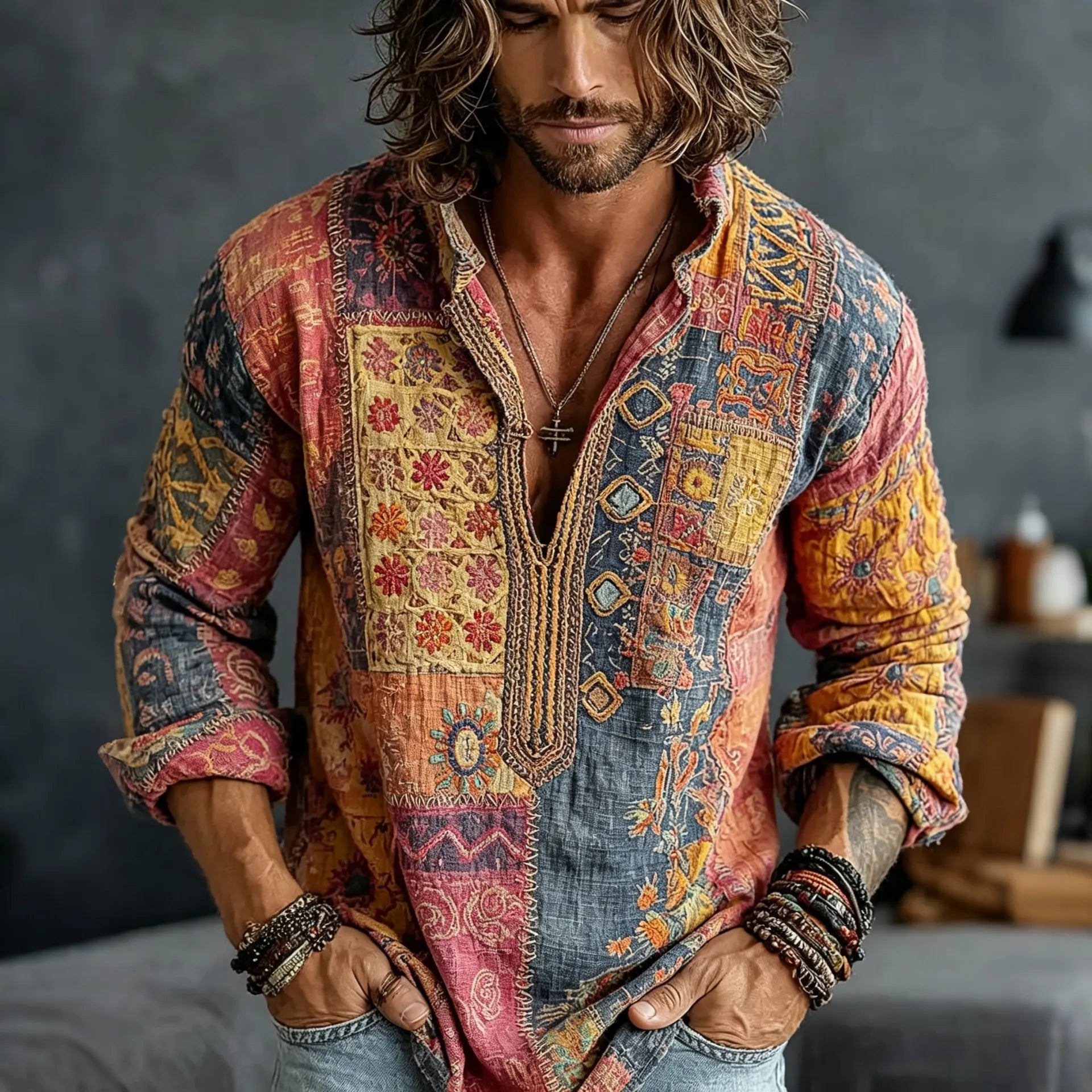 Men's Vintage Floral Patchwork Embroidered Art Print Flowy Linen Blend Casual Shirt
