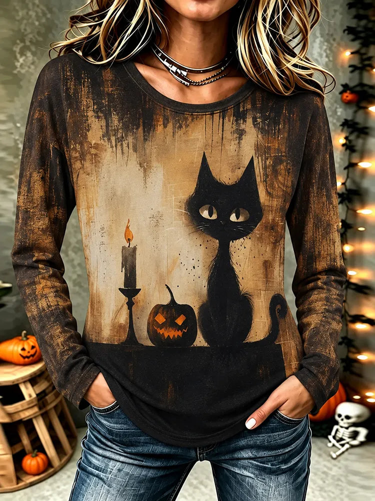 Women's Vintage Gothic Halloween Cat Print Comfy Print Long Sleeve Tshirt