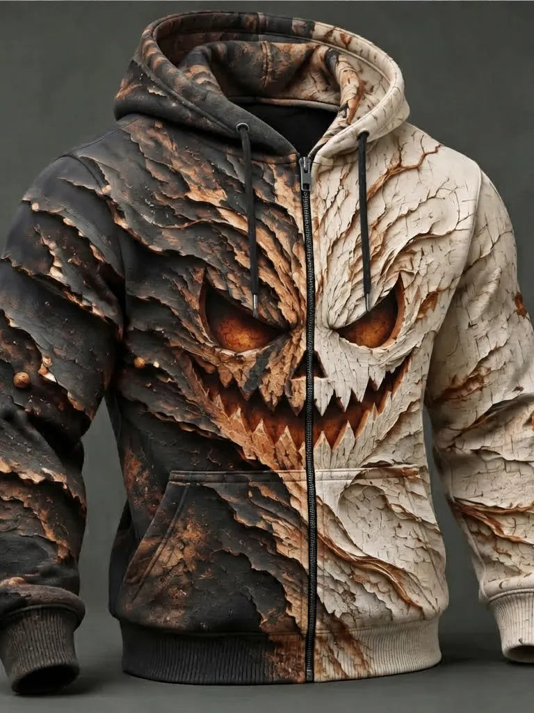 Men's Vintage Halloween Pumpkin Lava Art Print Zip-up Hoodie