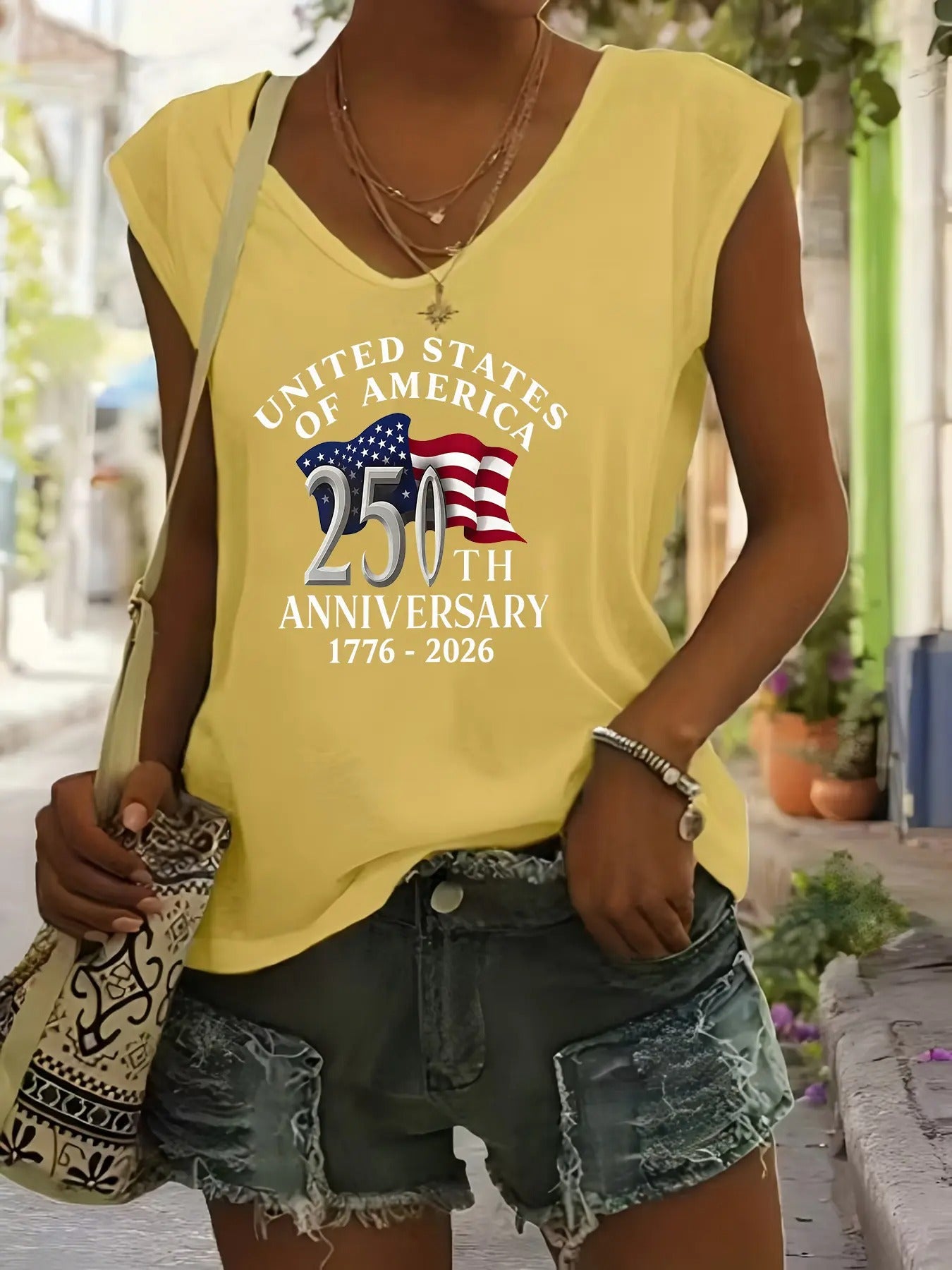 American Flag 250th Anniversary Print V-neck Tank Top