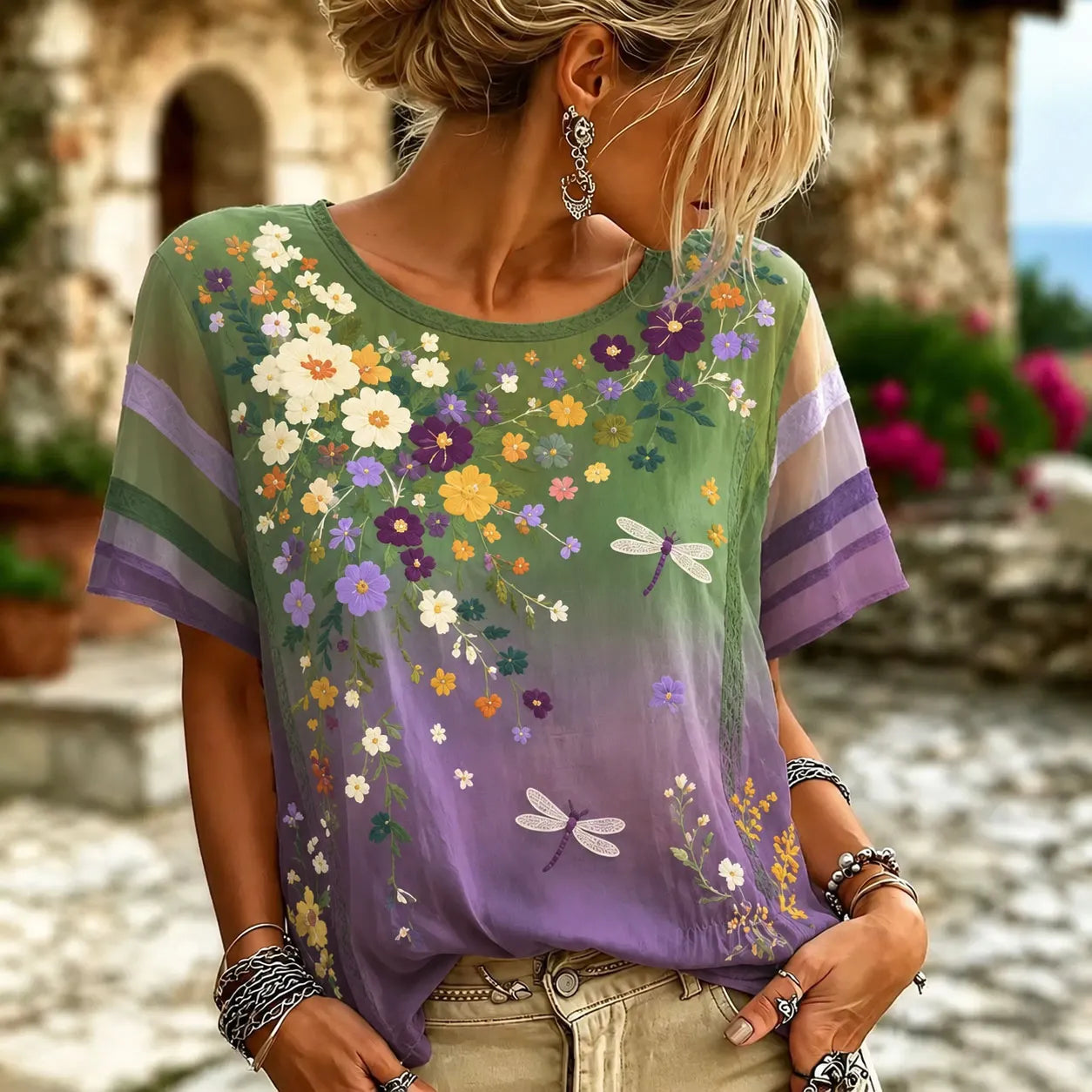 Women's Colorful Patchwork Big-eyed Black Cat And Floral Print Short Sleeve T-shirt