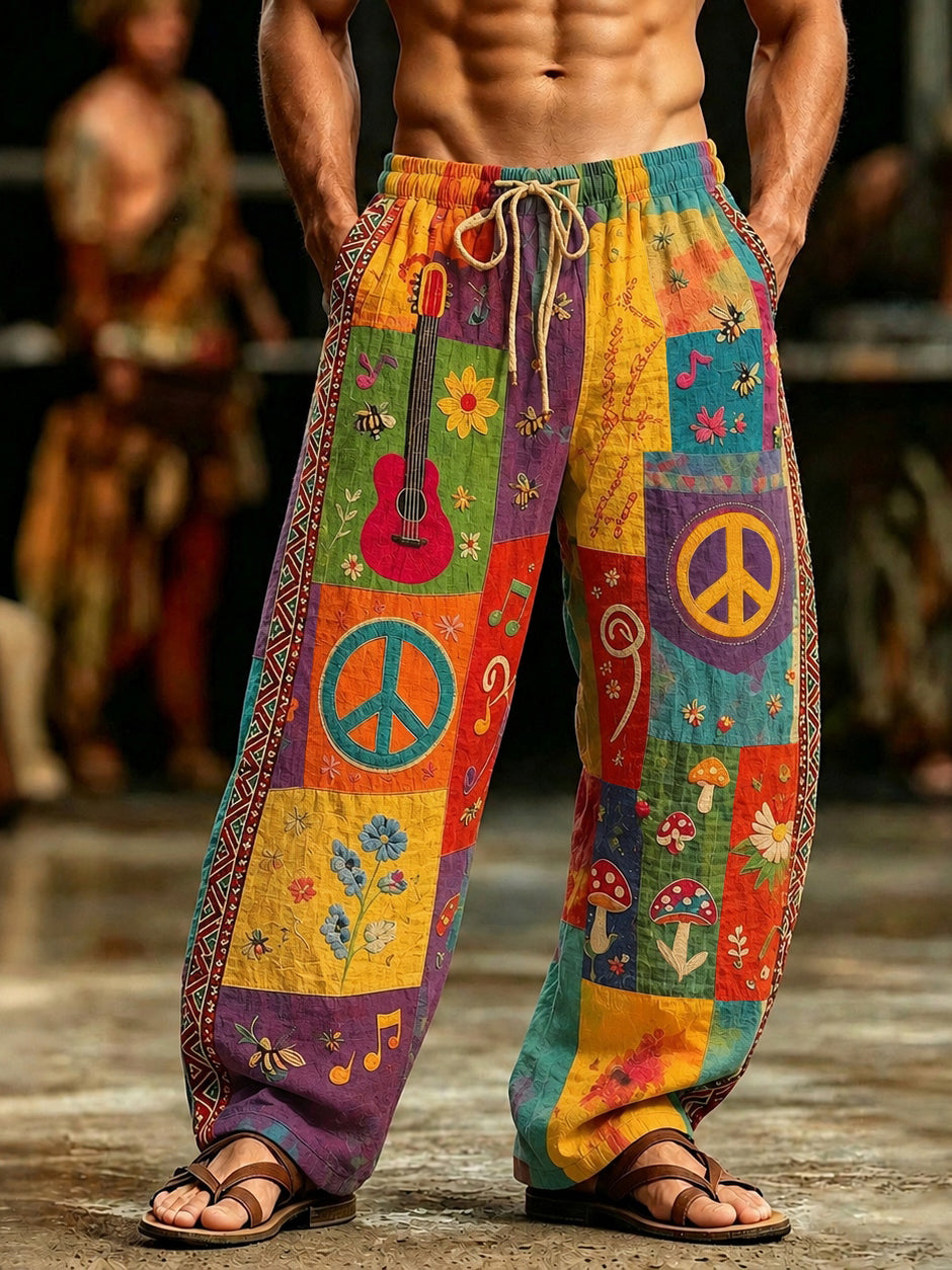 Men's Peace Sign And Guitar Hippie Patchwork Print Casual Pants