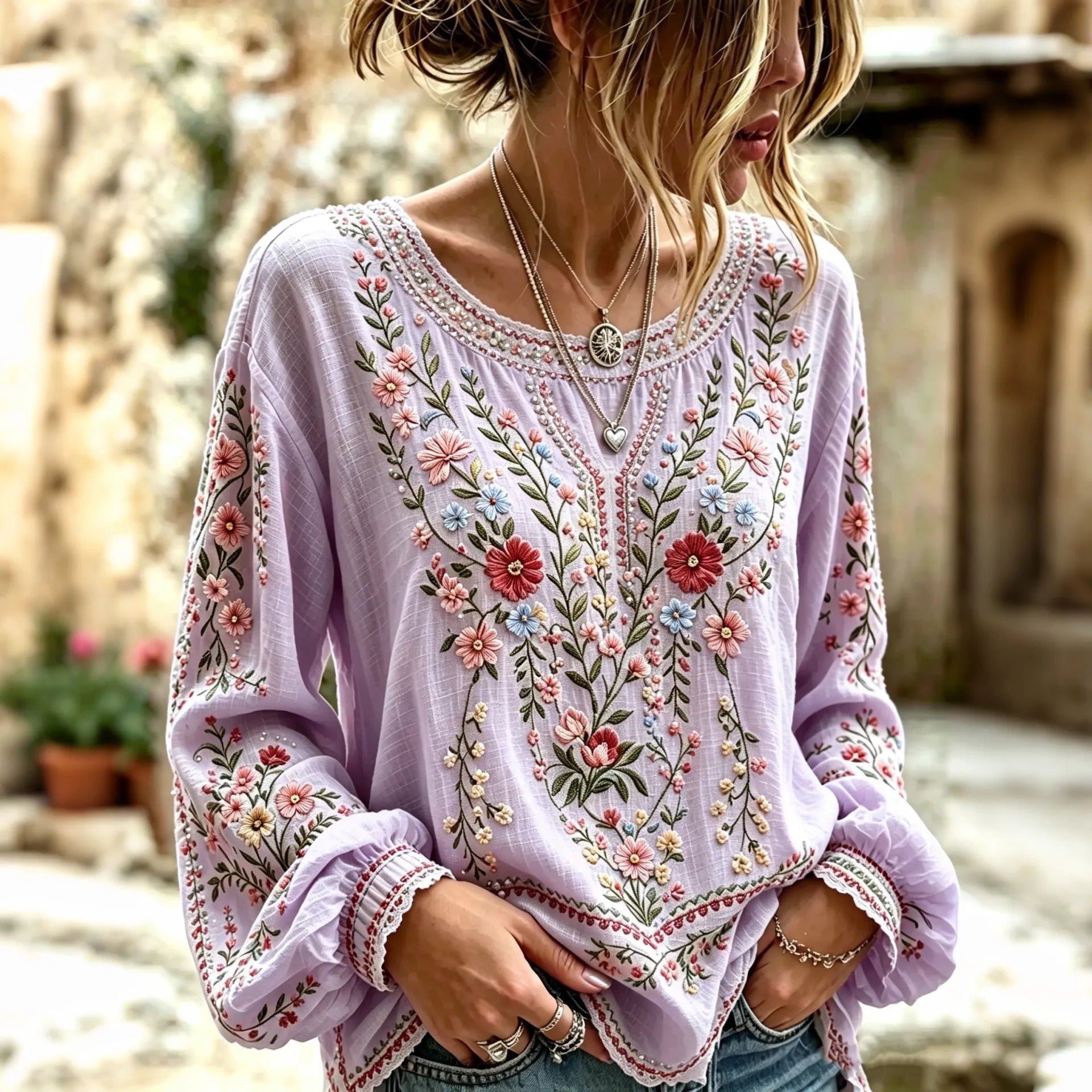 Women's Vintage Boho Floral Art Cotton Linen Casual Long Sleeve T-shirt