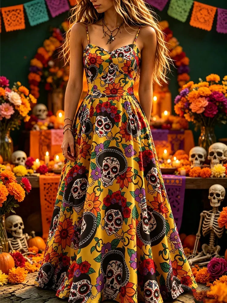 Girl's Halloween Skeleton Day Of The Dead Gothic Style Dress