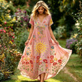 Women's Hippie Floral Design Loose Vacation Short-sleeved V-neck Cotton Linen Maxi Dress