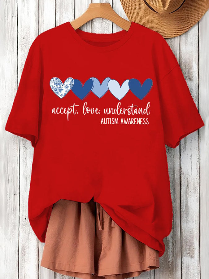 Women's Accept Love Understand Autism Awareness  Printed Short-Sleeved T-Shirt