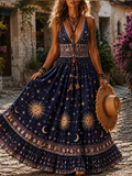 Women's Bohemian Celestial Sun, Moon, And Star Print Deep V-neck Long Dress
