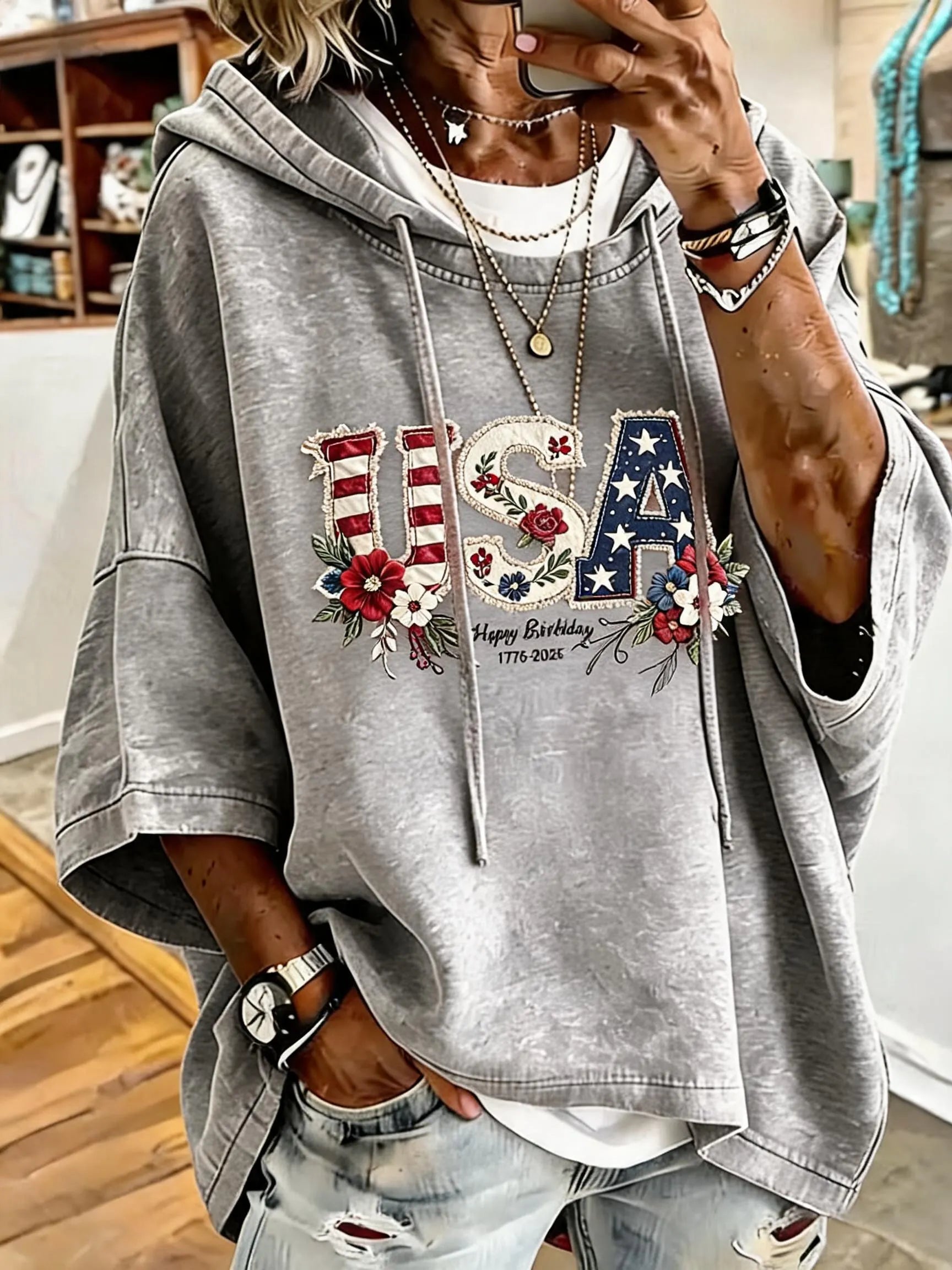 Women's Independence Day Birthday Print Casual Oversized Hoodie
