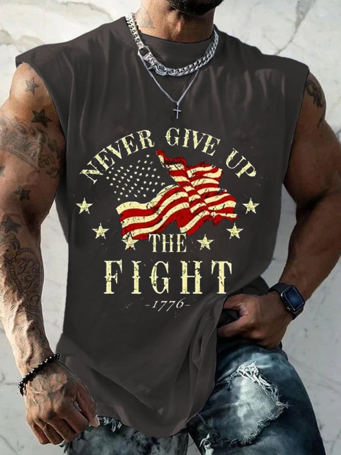 Men's Retro Never Give Up Fight 1776 Independence Day Patriotic Print Casual Tank Top