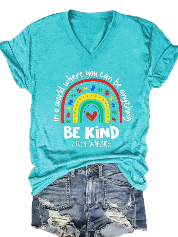 Women's Autism Awareness Rainbow Print V-Neck T-Shirt